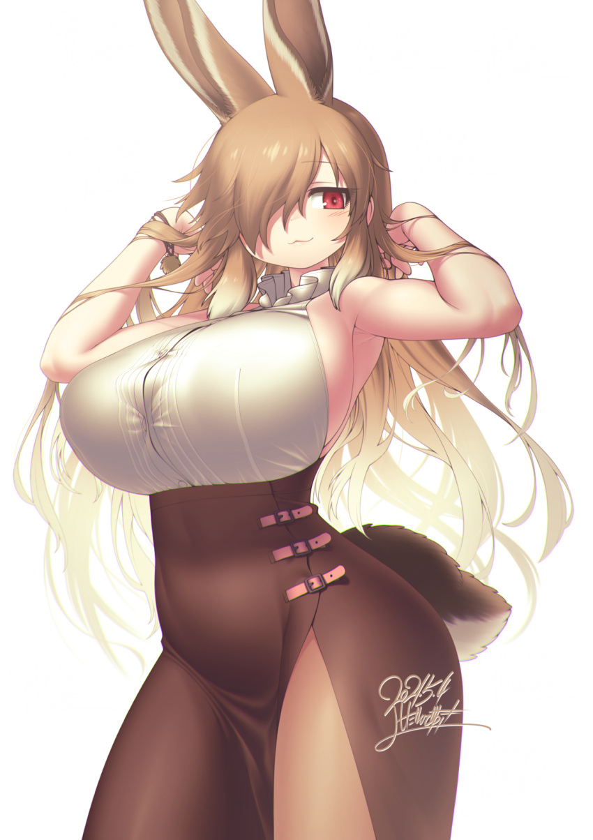 1girl, :3, animal_ears, arms_up, bangs, bare_arms, bare_shoulders, blonde_hair, breasts, brown_hair, brown_skirt, bunny_tail, commentary, cowboy_shot, dated, european_hare_(kemono_friends), extra_ears, gradient_hair, hair_over_one_eye, high-waist_skirt, highres, huge_breasts, kemono_friends, long_hair, long_skirt, looking_at_viewer, multicolored_hair, rabbit_ears, rabbit_girl, red_eyes, side_slit, signature, simple_background, skirt, solo, tail, white_background, yoshida_hideyuki