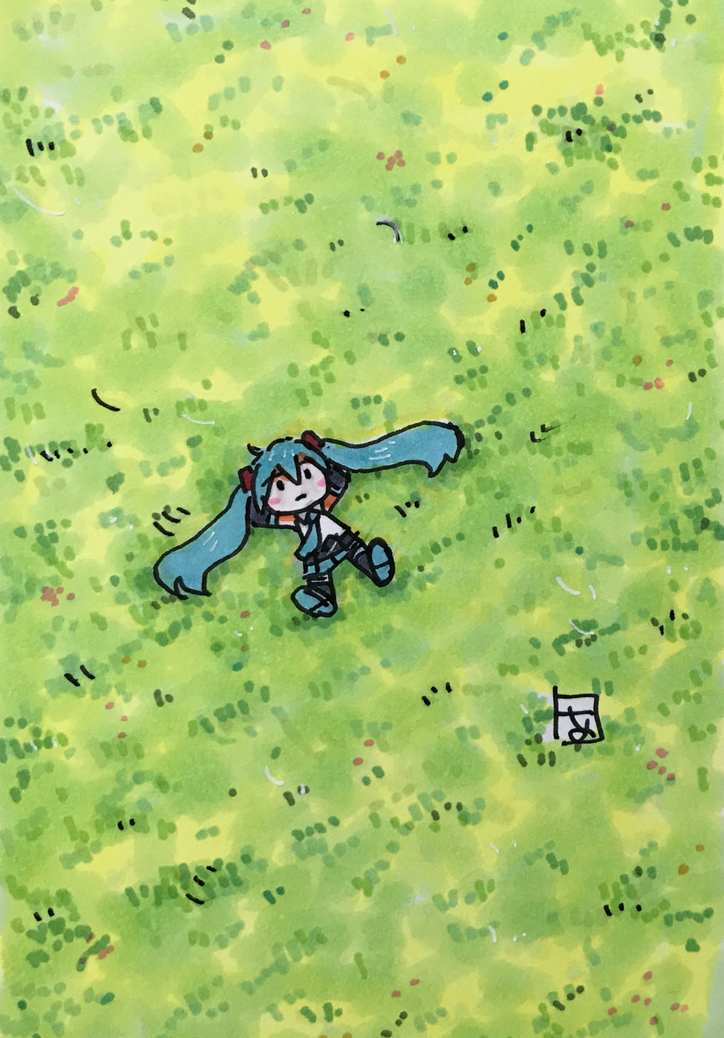 1girl, aqua_hair, aqua_neckwear, aragai0157, arms_behind_head, black_legwear, black_skirt, black_sleeves, blush_stickers, chibi, commentary, detached_sleeves, field, from_above, hair_ornament, hatsune_miku, highres, long_hair, lying, necktie, on_back, outdoors, pleated_skirt, shirt, signature, skirt, sleeveless, sleeveless_shirt, solid_oval_eyes, solo, traditional_media, translated, twintails, very_long_hair, vocaloid, white_shirt