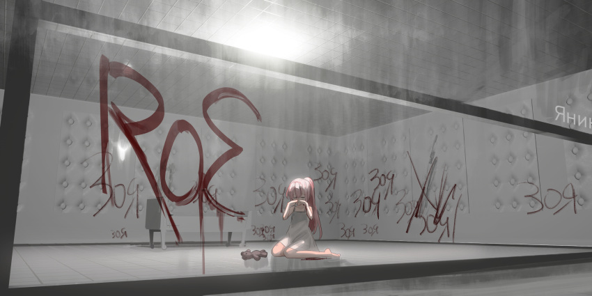 1girl, bangs, bare_arms, bare_shoulders, barefoot, bed, blood, ceiling