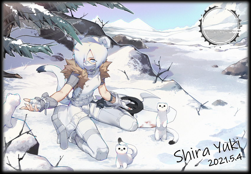 1girl, animal, arknights, bangs, blue_eyes, breasts, commentary_request, dress