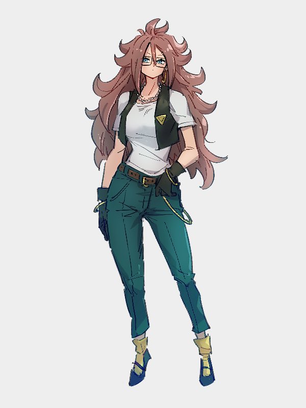 1girl, android_18, android_18_(cosplay), android_21, belt, black_gloves, blue_eyes, blue_pants
