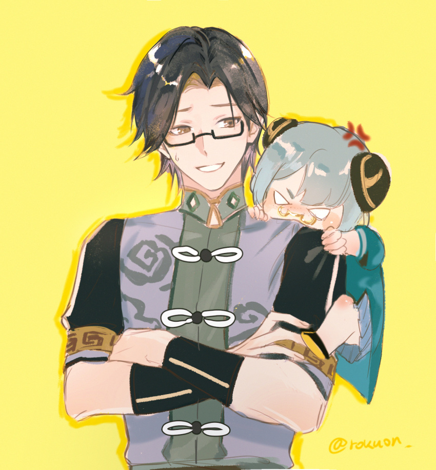1boy, 1girl, anger_vein, azhdaha_(genshin_impact), biting, black_hair, blue_hair, brown_eyes