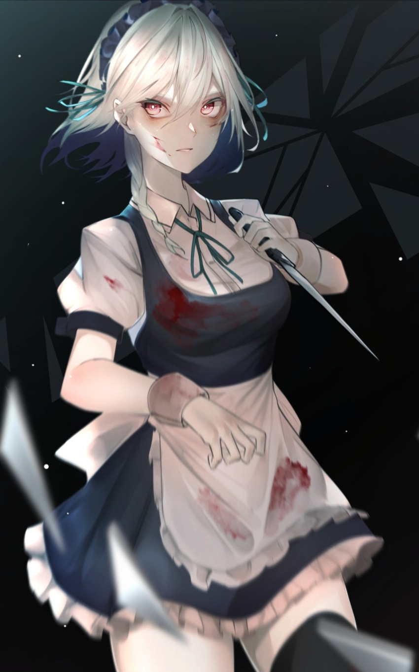 1girl, alternate_headwear_color, apron, attack, bangs, black_background, black_headwear, black_legwear