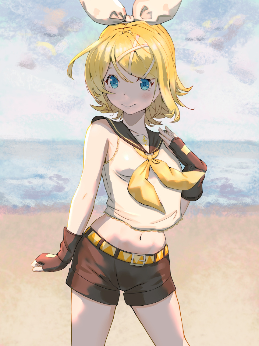 1girl, absurdres, aimoda, bangs, bare_arms, bare_shoulders, beach, black_gloves, black_sailor_collar, black_shorts, blonde_hair, blue_eyes, chinese_commentary, commentary_request, cowboy_shot, crop_top, fingerless_gloves, gloves, hair_ribbon, hand_up, highres, kagamine_rin, looking_at_viewer, midriff, navel, neckerchief, outdoors, ribbon, sailor_collar, sailor_shirt, shirt, short_hair, short_shorts, shorts, sleeveless, sleeveless_shirt, smile, solo, standing, thighs, vocaloid, white_ribbon, yellow_neckwear