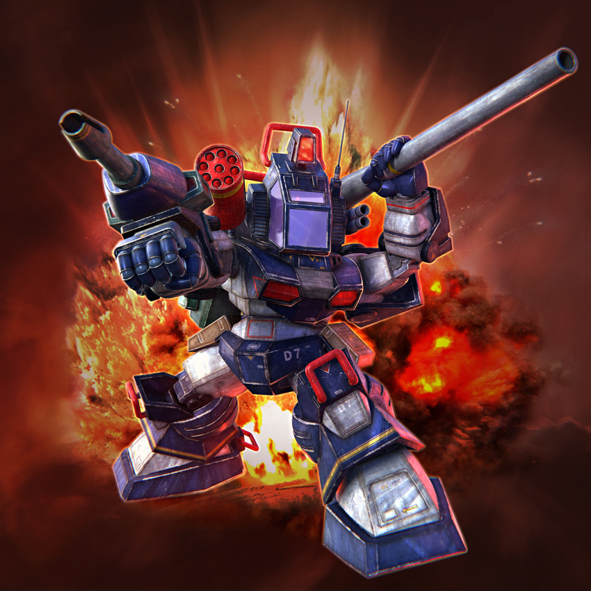 3d, canopy, chibi, clenched_hand, dougram, explosion, highres, kimkim, mecha, missile_pod, no_humans, shoulder_cannon, solo, taiyou_no_kiba_dougram