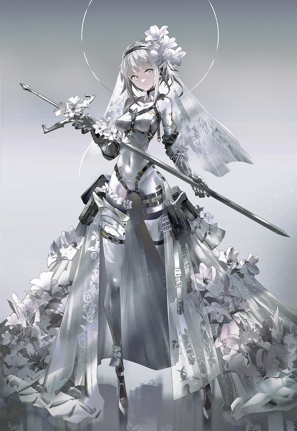 1girl, bangs, bodysuit, breast_strap, breasts, covered_navel, flower, full_body