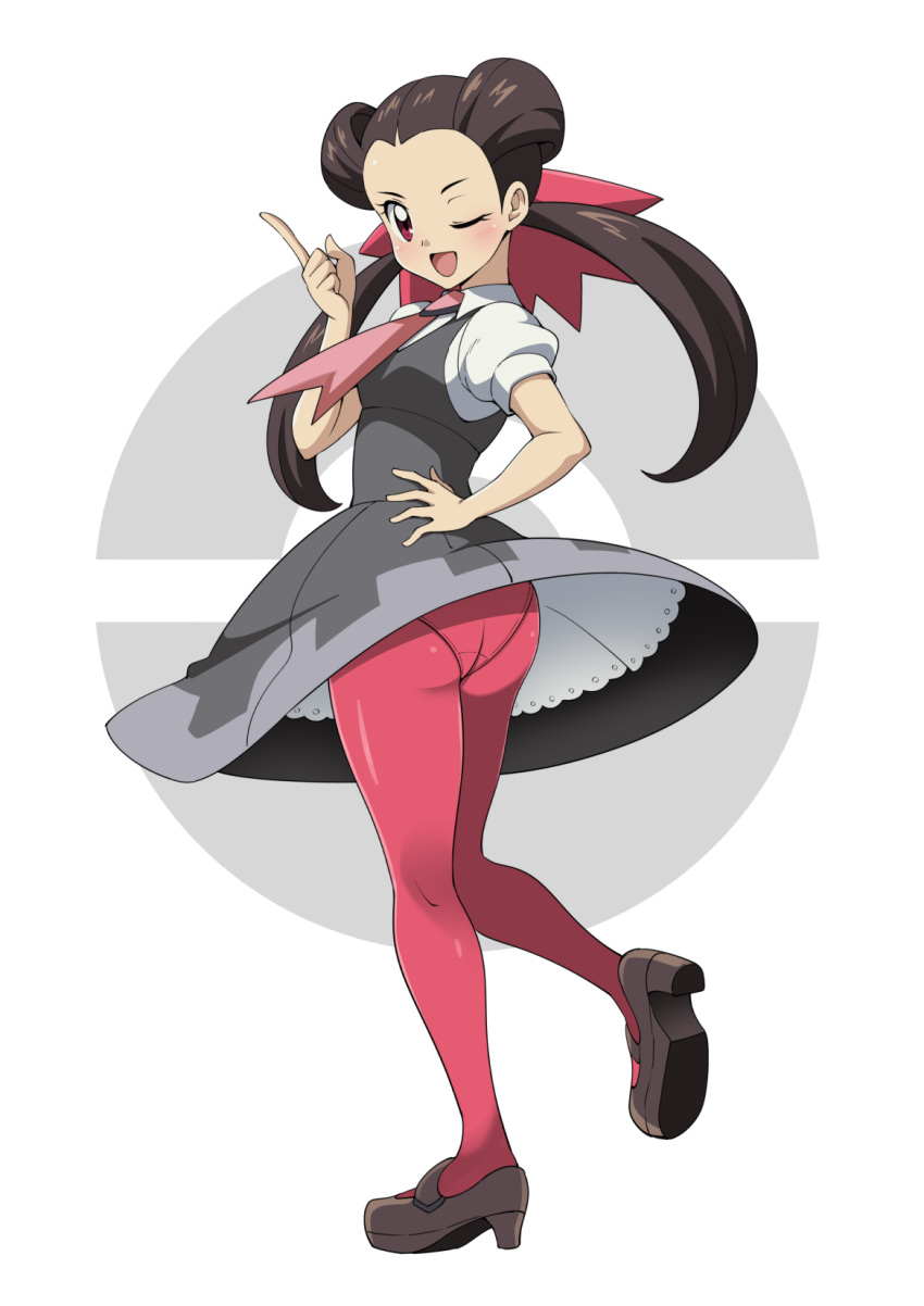1girl, ;d, blush, brown_footwear, brown_hair, commentary, dress, eyelashes, full_body, grey_dress, gym_leader, hair_ribbon, hair_rings, hand_on_hip, highres, index_finger_raised, looking_at_viewer, one_eye_closed, open_mouth, panties, pantyhose, pink_legwear, pokemon, pokemon_(game), pokemon_oras, ribbon, roxanne_(pokemon), shirt, shoes, short_sleeves, smile, solo, standing, standing_on_one_leg, suitenan, tongue, twintails, underwear, white_shirt