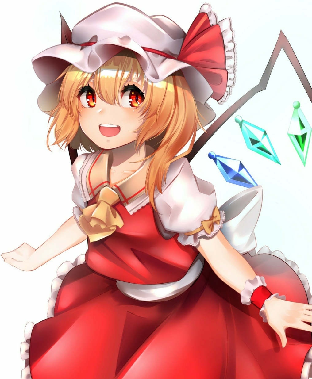 1girl, alternate_eye_color, arm_strap, ascot, bangs, blonde_hair, blush, cowboy_shot, eyebrows_visible_through_hair, flandre_scarlet, frilled_ribbon, frills, gradient_eyes, hair_between_eyes, hat, hat_ribbon, highres, looking_at_viewer, mob_cap, multicolored, multicolored_eyes, open_mouth, orange_eyes, pero_(user_ymyc2572), puffy_short_sleeves, puffy_sleeves, red_eyes, red_ribbon, red_skirt, red_vest, red_wrist_cuffs, ribbon, shiny, shiny_hair, shirt, short_hair, short_sleeves, side_ponytail, simple_background, single_wrist_cuff, skirt, skirt_set, smile, solo, touhou, vest, white_background, white_headwear, white_shirt, wings, yellow_neckwear