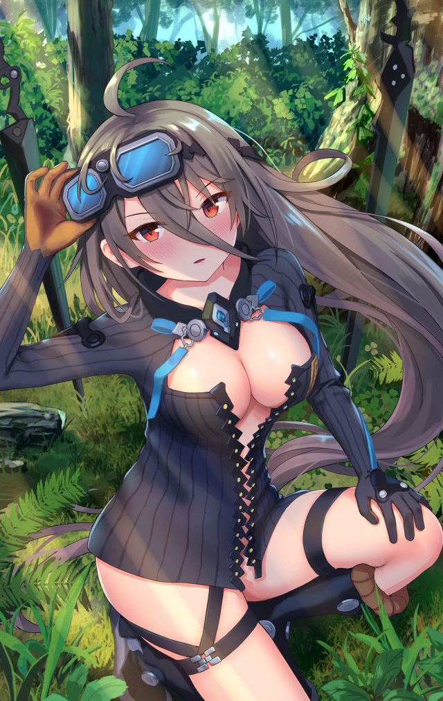 1girl, ahoge, bangs, black_dress, blush, boots, breasts, center_opening, commentary, day, dress, eyebrows_visible_through_hair, eyes_visible_through_hair, forest, gloves, goggles, goggles_on_head, grass, grey_hair, hair_between_eyes, laevateinn_(phantom_of_the_kill), light_rays, long_hair, looking_at_viewer, medium_breasts, nature, one_knee, outdoors, parted_lips, phantom_of_the_kill, plant, planted_weapon, red_eyes, roke_(taikodon), solo, sword, thigh_strap, very_long_hair, weapon