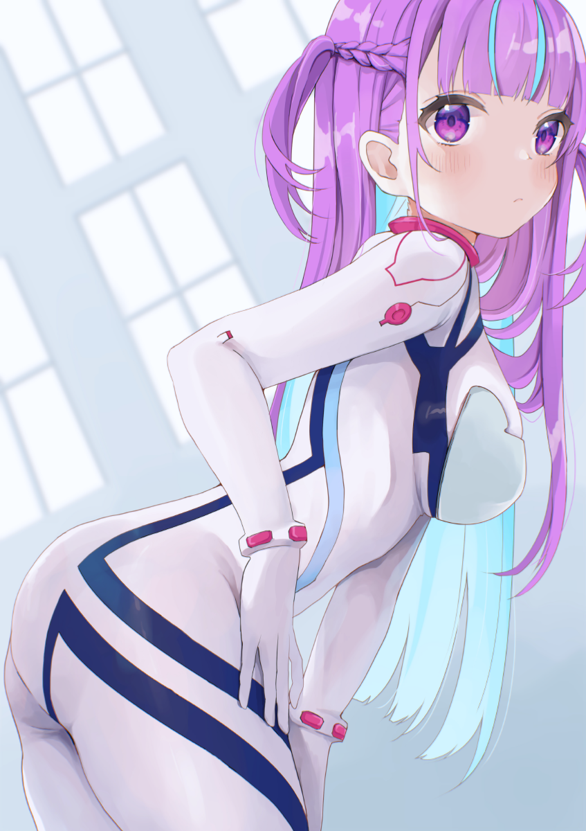 1girl, ass, bangs, blue_hair, blunt_bangs, blush, bodysuit, braid