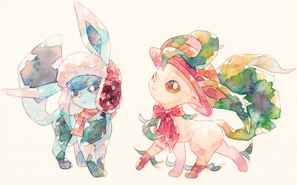 brown_eyes, closed_mouth, gen_4_pokemon, glaceon, hat, hatted_pokemon, leafeon, looking_to_the_side