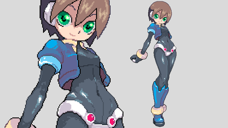 aile, aile_(mega_man_zx), green_eyes, mega_man_(series), mega_man_zx, open_shirt, pixel_art, rockman