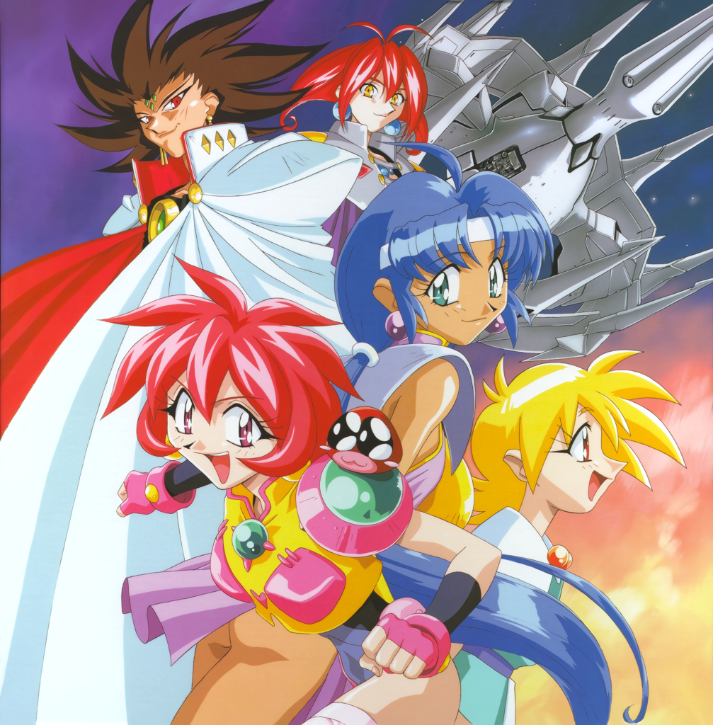 1990s_(style), 1boy, 4girls, aqua_eyes, armor, bangs, blonde_hair, blue_hair