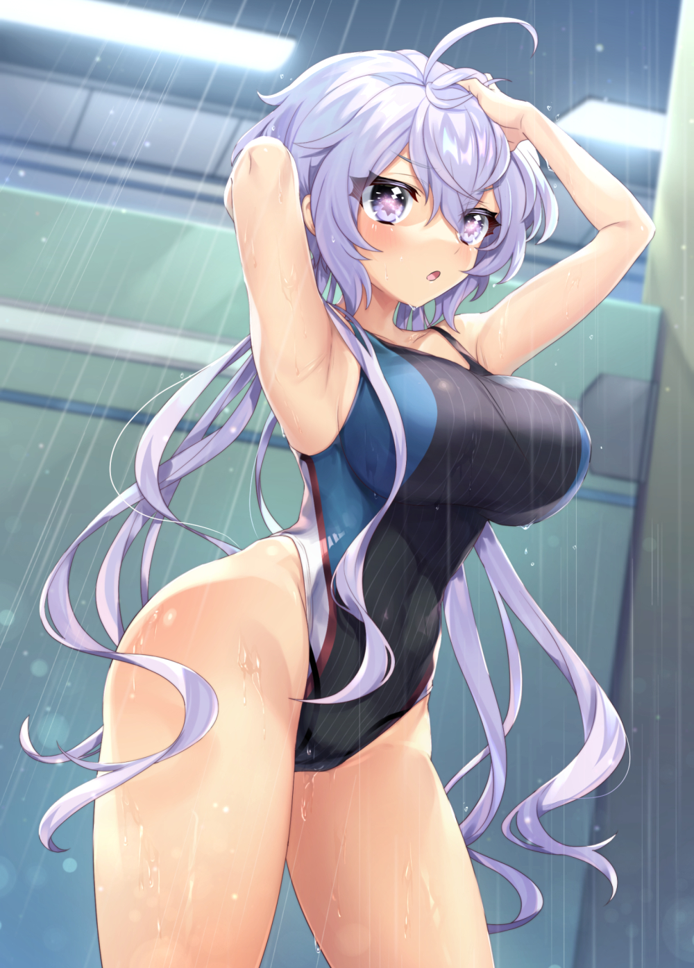 1girl, ahoge, black_swimsuit, breasts, commentary_request, competition_swimsuit, covered_navel, cowboy_shot