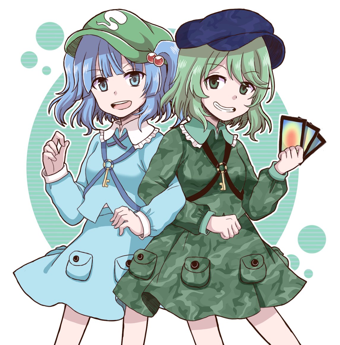 2girls, blue_eyes, blue_hair, camouflage, camouflage_print, camouflage_shirt, camouflage_skirt, card