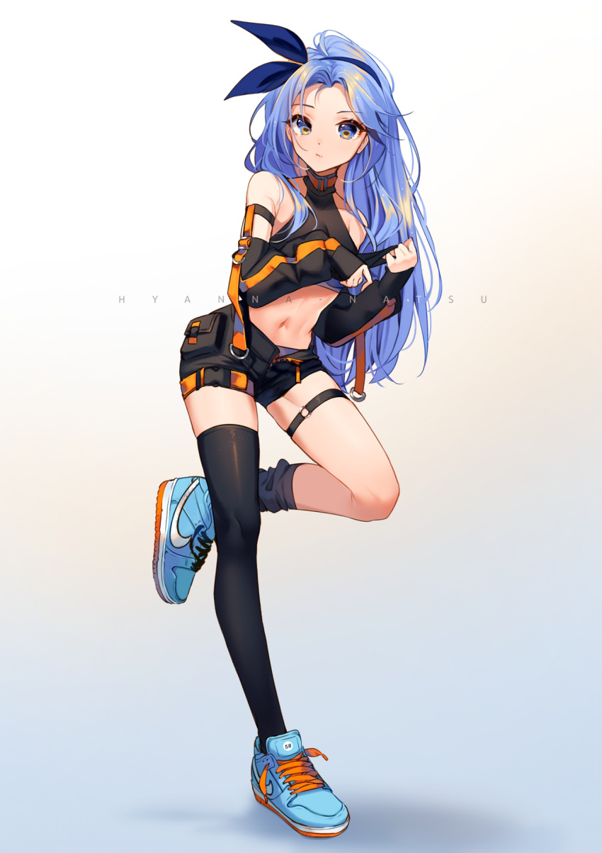 1girl, artist_name, bare_shoulders, black_legwear, black_shorts, blue_eyes, blue_footwear, blue_hair