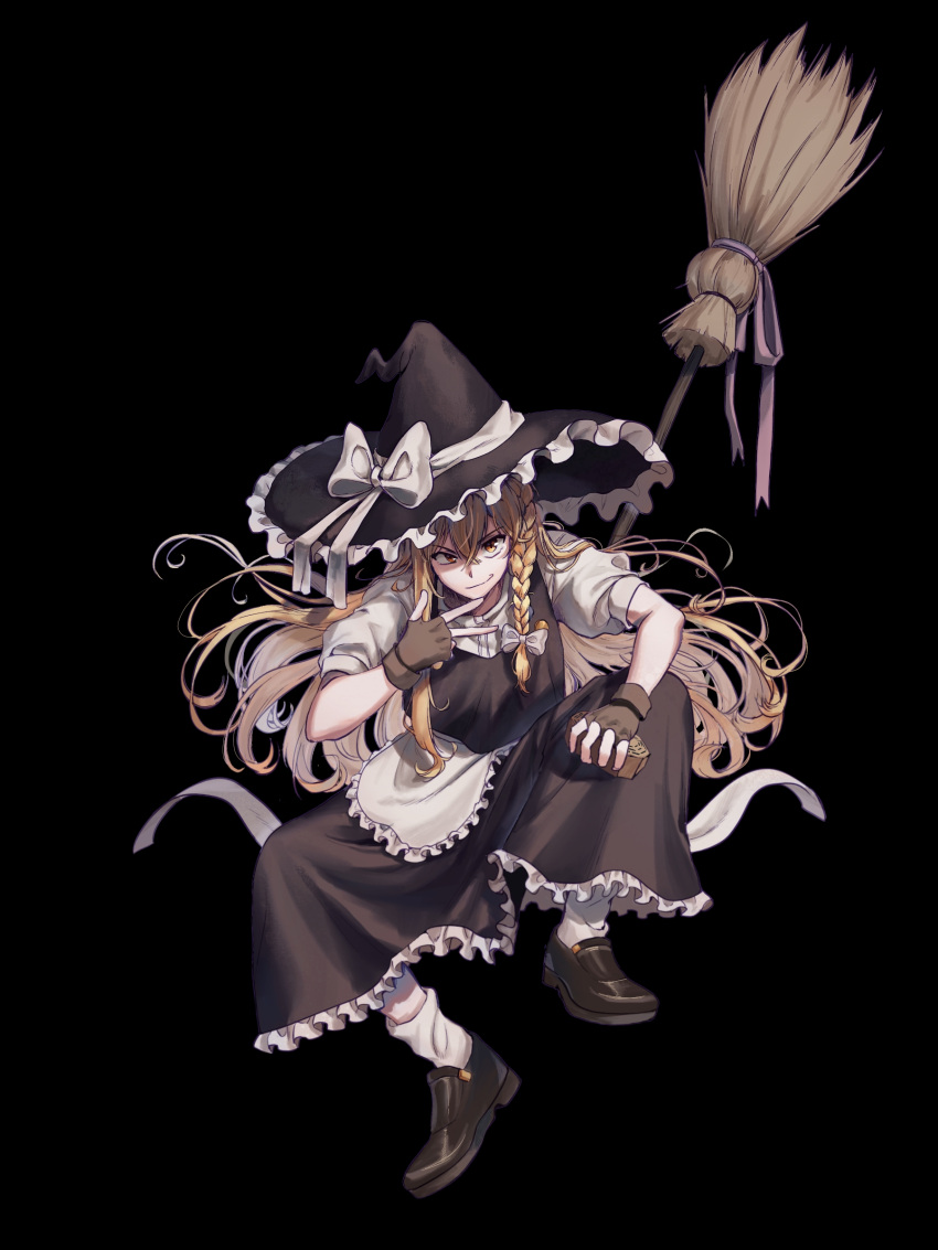 1girl, absurdres, apron, arm_on_knee, bangs, black_footwear, black_gloves, blonde_hair