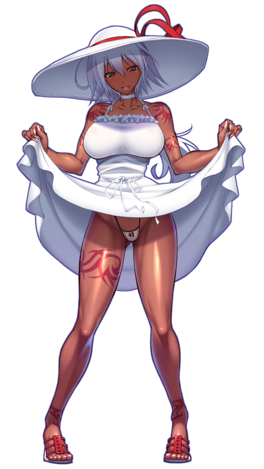 1girl, absurdres, arm_tattoo, bare_shoulders, blush, breasts, clothes_lift, dark_skin
