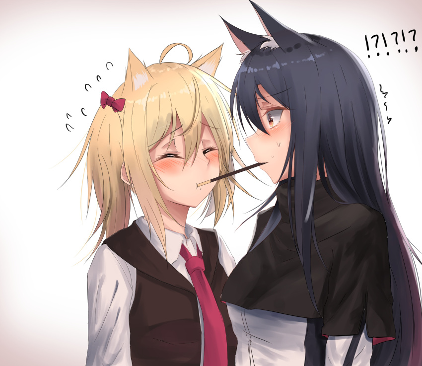 !?, 2girls, absurdres, animal_ears, arknights, black_gloves, black_hair, blonde_hair