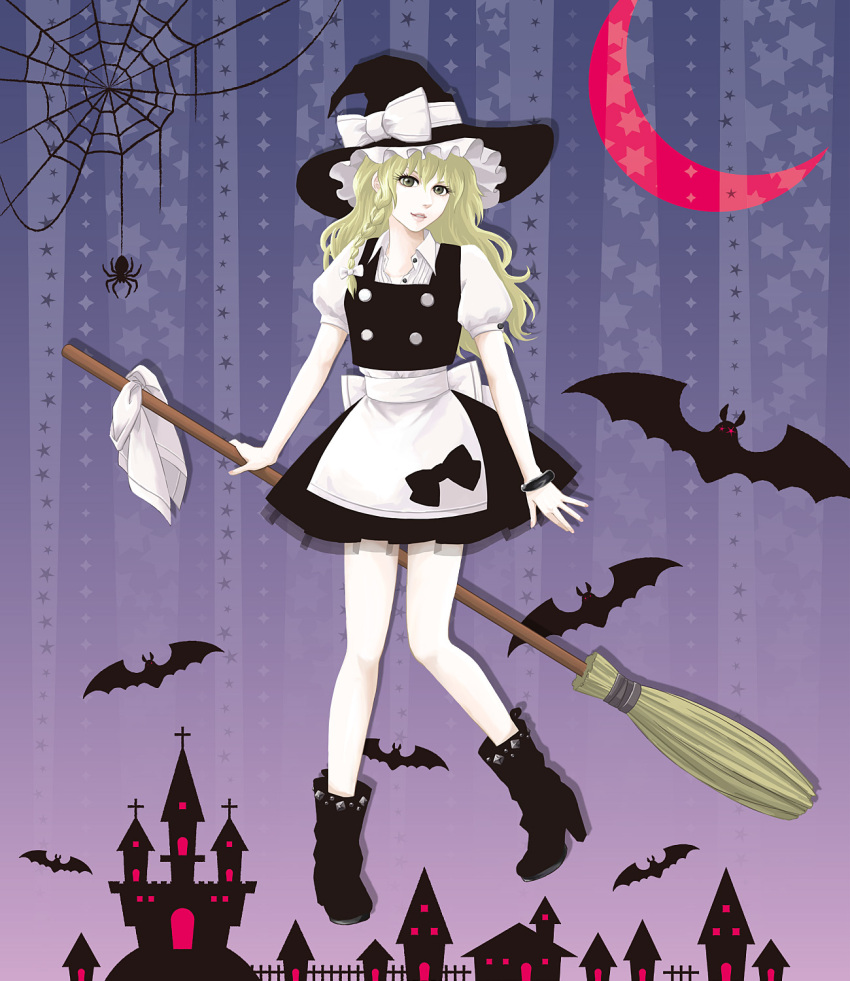 bat, blonde_hair, boots, bow, bracelet, braid, broom, green_eyes, halloween, hat, high_heels, highres, jewelry, kirisame_marisa, kota_tsu, long_hair, shoes, solo, spider, spider_web, touhou, witch_hat
