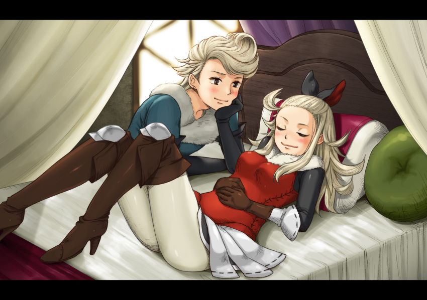 1boy, 1girl, bed, blonde_hair, boots, bow, bravely_default:_flying_fairy, bravely_default_(series), breasts, closed_eyes, closed_mouth, edea_lee, gloves, hair_bow, long_hair, lying, nicola, pillow, ringabel, skirt, sleeping, smile
