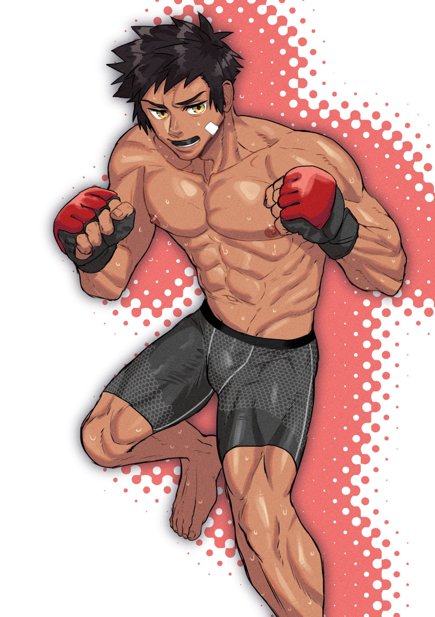 1boy, abs, absurdres, bandaid, bandaid_on_face, barefoot, black_hair, clenched_hands