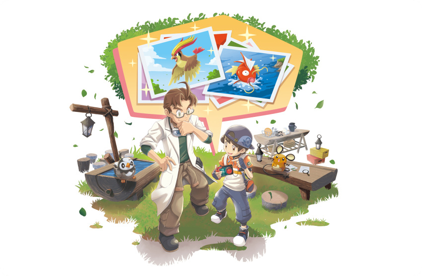 2boys, ahoge, backpack, backwards_hat, bag, bangs, baseball_cap, boots, brown_hair, brown_pants, closed_mouth, dedenne, fingerless_gloves, gen_1_pokemon, gen_4_pokemon, gen_6_pokemon, glasses, gloves, grass, green_shirt, grey_pants, hat, highres, holding, labcoat, leaf, magikarp, male_focus, male_protagonist_(new_pokemon_snap), mirror_(pokemon), multiple_boys, new_pokemon_snap, official_art, pants, parted_bangs, photo_(object), pidgeot, pokemon, pokemon_(creature), shirt, smile, standing, starly, water