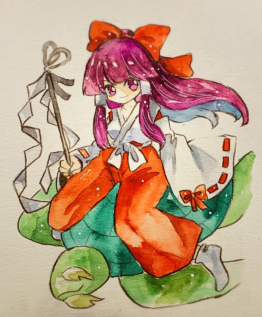 1boy, 1girl, bangs, beard, bow, closed_mouth, colored_inner_hair, detached_sleeves