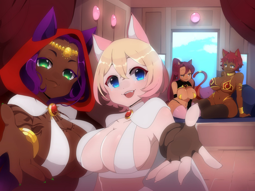4girls, :3, :d, animal_ears, arm_support, armor, bangs, bikini_armor, bk_(barakoodra), black_legwear, blonde_hair, blue_eyes, bracelet, breasts, brooch, brown_eyes, cait_(corruption_of_champions), cape, cat_ears, cat_tail, closed_mouth, corruption_of_champions_2, crossed_bangs, dark_skin, dark-skinned_female, diadem, ears_through_headwear, fang, fingerless_gloves, fingernails, gloves, gradient_hair, green_eyes, green_nails, hair_between_eyes, highres, hood, hood_up, jewelry, jitome, large_breasts, long_hair, looking_at_viewer, multicolored_hair, multiple_girls, nail_polish, navel, open_mouth, pillow, pink_hair, ponytail, purple_hair, reaching_out, sharp_fingernails, sitting, smile, smug, tail, tattoo, thigh-highs, white_cape