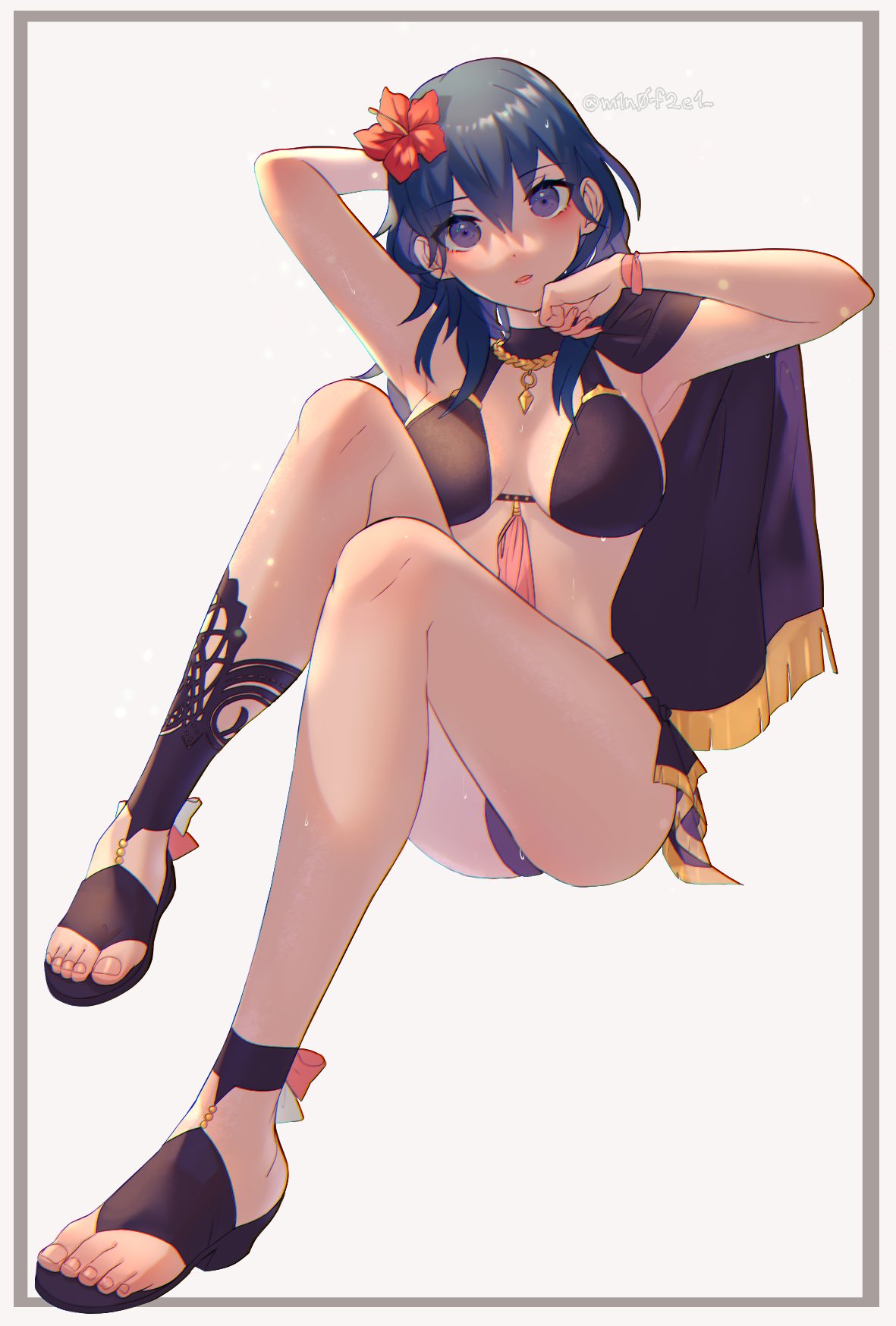 1girl, arm_behind_head, armpits, arms_up, asymmetrical_footwear, bangs, bikini, black_bikini, blue_hair, border, cape, commentary_request, eyebrows_visible_through_hair, eyeshadow, fire_emblem, fire_emblem:_three_houses, fire_emblem_heroes, flower, full_body, gold_trim, grey_background, hair_between_eyes, hair_flower, hair_ornament, hand_to_head, head_tilt, highres, invisible_chair, jewelry, legs, long_hair, looking_at_viewer, makeup, mano_(m1n0f2e1), necklace, official_alternate_costume, panties, pantyshot, sandals, shadow, shiny, shiny_hair, shiny_skin, sidelocks, simple_background, sitting, solo, swimsuit, thighs, toes, twitter_username, underwear, violet_eyes, wristband