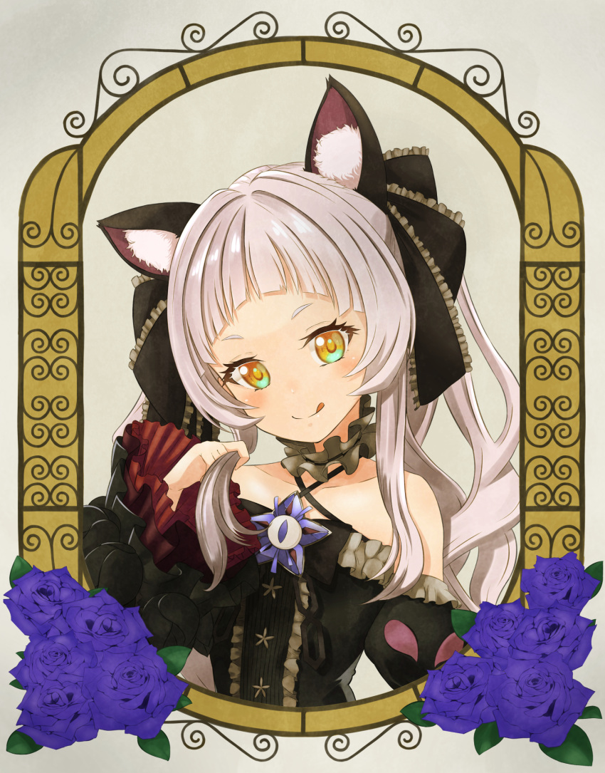 1girl, :q, animal_ear_fluff, animal_ears, bangs, black_dress, black_sleeves, blunt_bangs
