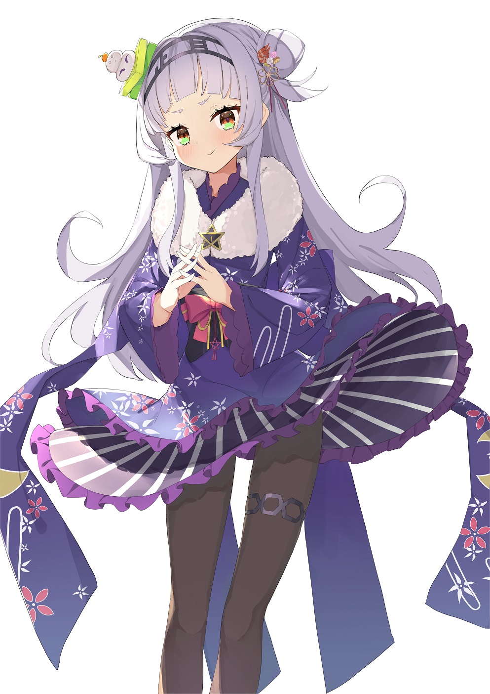>:), 1girl, bangs, blue_kimono, blunt_bangs, feet_out_of_frame, fur_scarf, hair_cones
