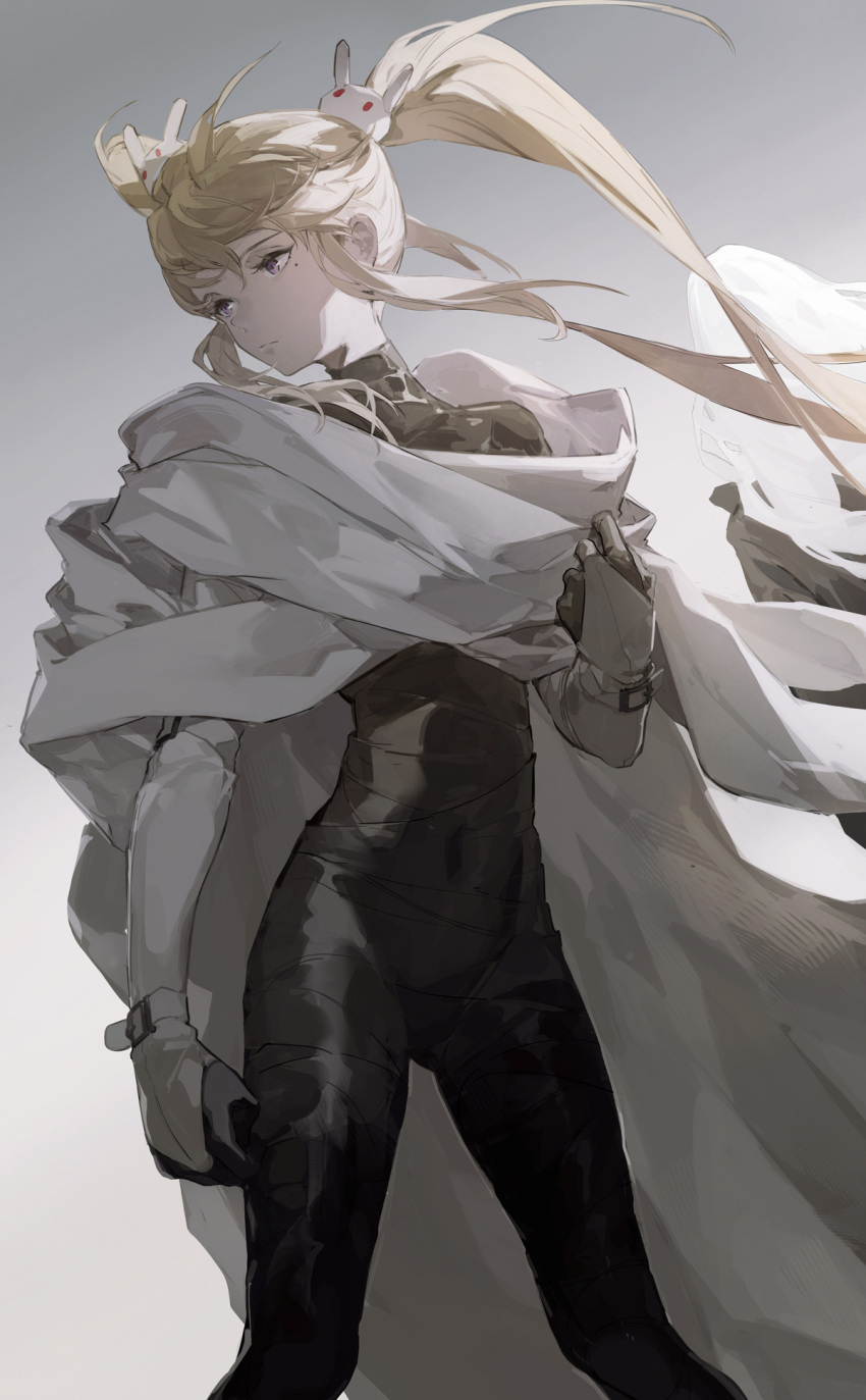 1girl, blonde_hair, bunny_hair_ornament, cape, closed_mouth, gauntlets, gloves, hair_between_eyes