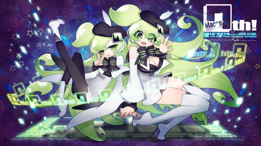 2girls, akatsuki_gomoku, beret, black_legwear, bow, dated, detached_sleeves, green_eyes, green_hair, hat, headset, high_heels, highres, invisible_chair, macne_nana, macne_nana_petit, macne_series, multiple_girls, nail_polish, one_side_up, pantyhose, sitting, solo, star_(symbol), thigh-highs, v, waving, zettai_ryouiki