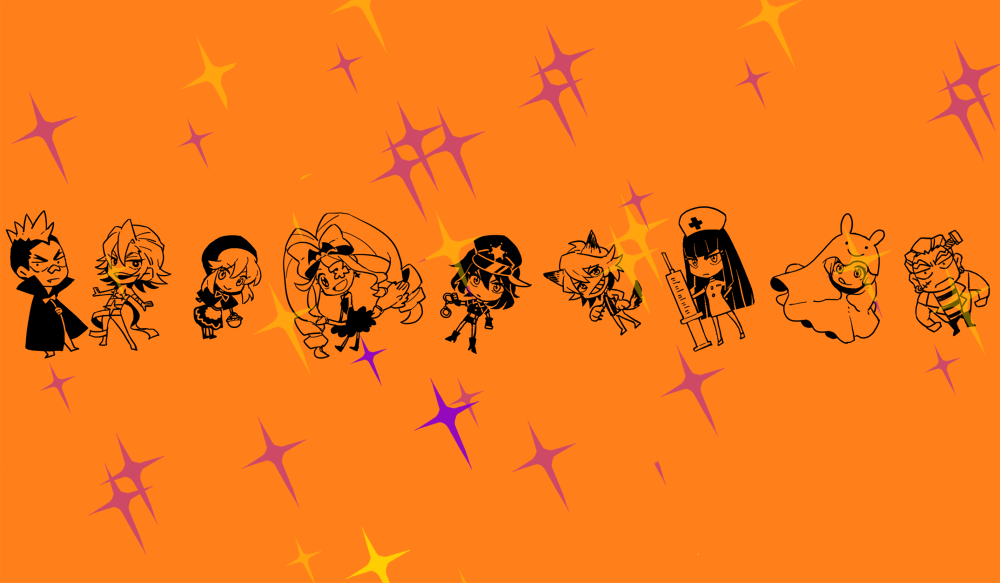 4boys, 5girls, :p, animal_ears, basket, black_dress, black_eyes, black_hair