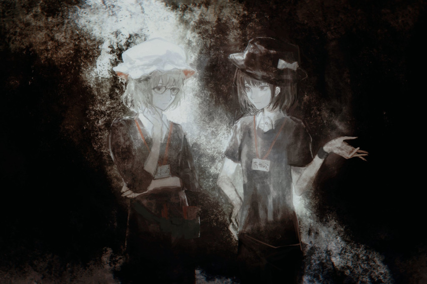 2girls, bangs, black_headwear, black_shirt, black_skirt, blonde_hair, bow, brown_eyes, brown_hair, closed_mouth, cookie_(touhou), cowboy_shot, fumei_(cookie), glasses, hat, hat_bow, highres, jiko_mujun, lanyard, looking_at_another, maribel_hearn, multiple_girls, shirt, short_hair, skirt, smile, touhou, usami_renko, white_bow, white_headwear, white_shirt, xbsx