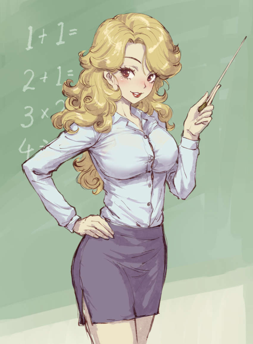 1girl, blonde_hair, bra_through_clothes, breasts, chalkboard, collared_shirt, commentary_request, dr._slump