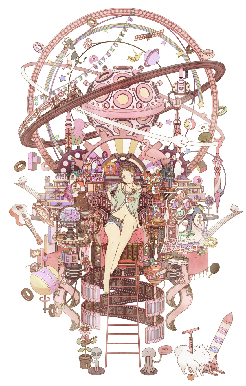 1girl, absurdres, alien, armillary_sphere, arrow_(symbol), bare_legs, barefoot, bell