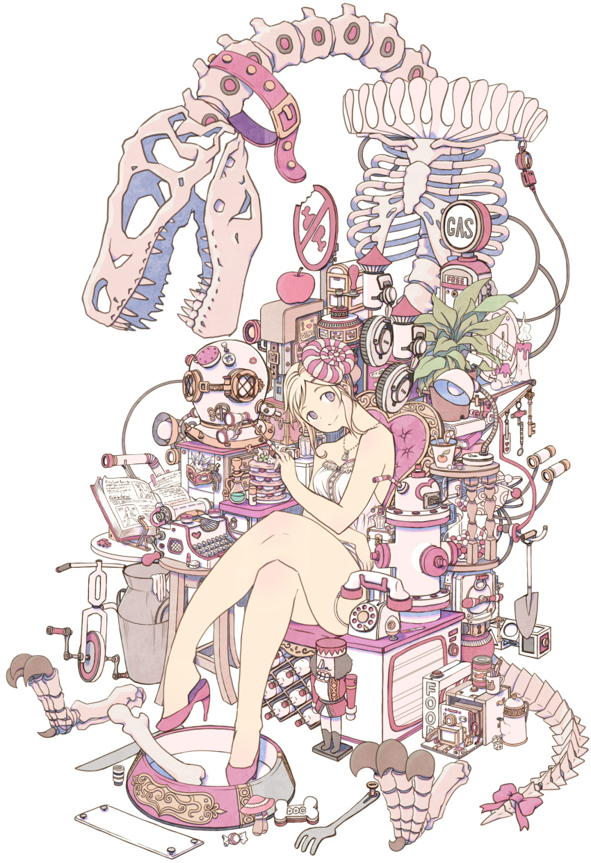 1girl, apple, bare_legs, blonde_hair, bone, book, bow, crossed_legs