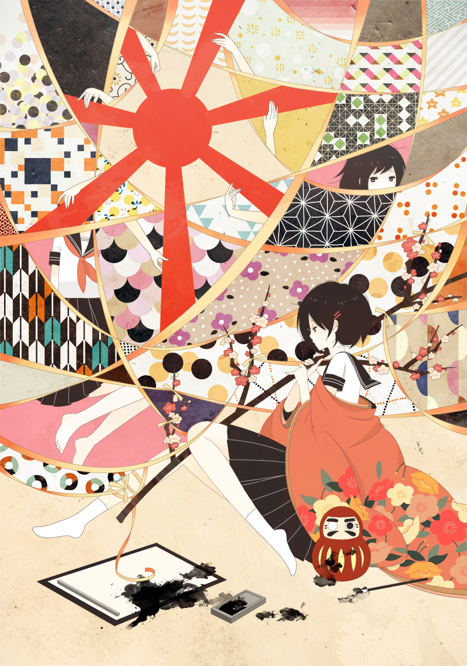 2girls, asa_no_ha_(pattern), bangs, black_sailor_collar, black_skirt, branch, daruma_doll, flower