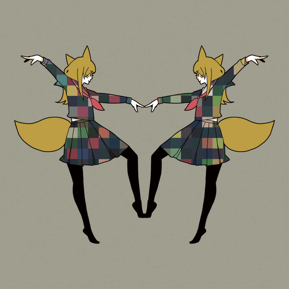 2girls, animal_ears, arms_up, black_legwear, brown_hair, fox_ears, fox_girl, fox_tail