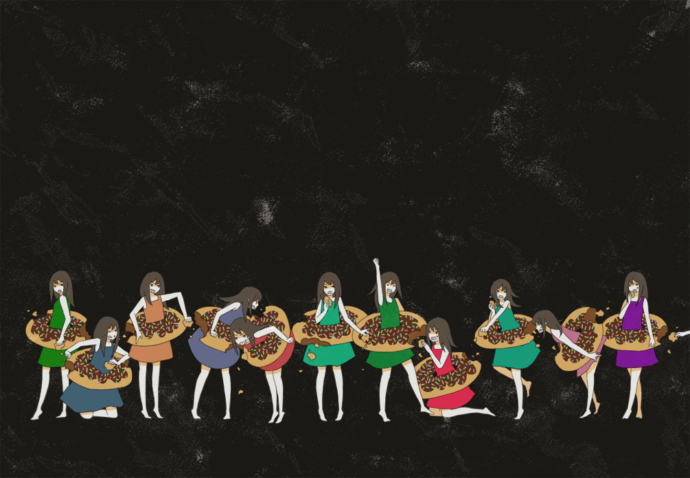 6+girls, aqua_dress, arm_up, bagel, black_background, black_hair, blue_dress, dress