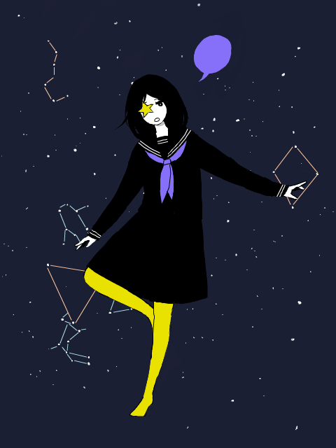 1girl, black_dress, black_hair, black_sailor_collar, constellation, dress, full_body, leg_up