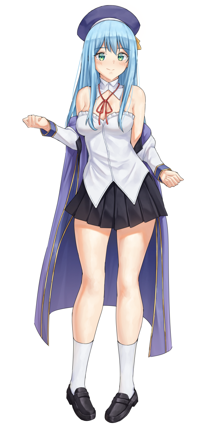1girl, black_footwear, black_skirt, blue_hair, breast_cutout, breasts, cape, green_eyes