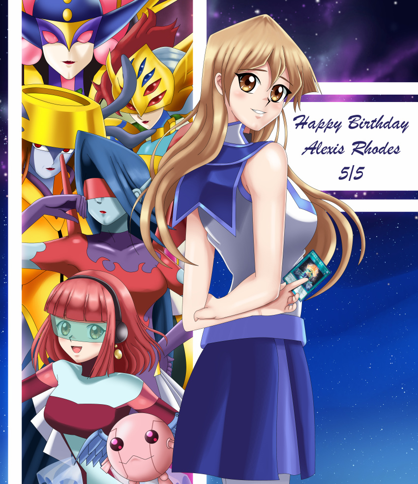 arms_behind_back, blonde_hair, blue_skirt, cosmic, cyber_angel_dakini, cyber_angel_natasha, cyber_angel_vishnu, cyber_blader, cyber_petit_angel, cyber_tutu, deviantart, duel_academy_uniform_(yu-gi-oh!_gx), happy_birthday, looking_at_viewer, looking_back, pink_hair, sailor_collar, sincity2100, sleeveless, sleeveless_shirt, tenjouin_asuka, white_shirt, yellow_eyes, yu-gi-oh!, yuu-gi-ou, yuu-gi-ou_gx
