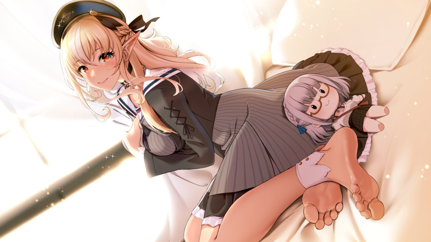 1girl, barefoot, blonde_hair, braid, casino_(casinoep), character_doll, closed_mouth, doll, dress, elf, feet, french_braid, grey_skirt, hair_ribbon, hat, highres, hololive, hololive_fantasy, long_hair, long_sleeves, looking_at_viewer, multicolored_hair, pinstripe_dress, pinstripe_pattern, pointy_ears, red_eyes, ribbon, sailor_dress, shiranui_flare, shirogane_noel, sitting, skirt, smile, soles, solo, streaked_hair, striped, toes, virtual_youtuber, white_hair, yokozuwari