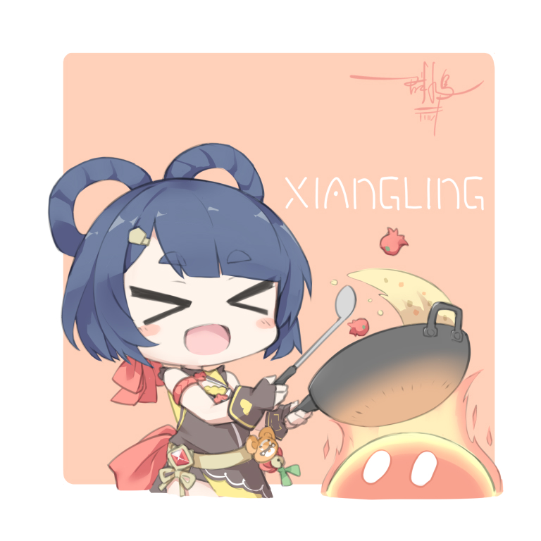 >_<, 1girl, bangs, blue_hair, character_name, chibi, cooking, eyebrows_visible_through_hair