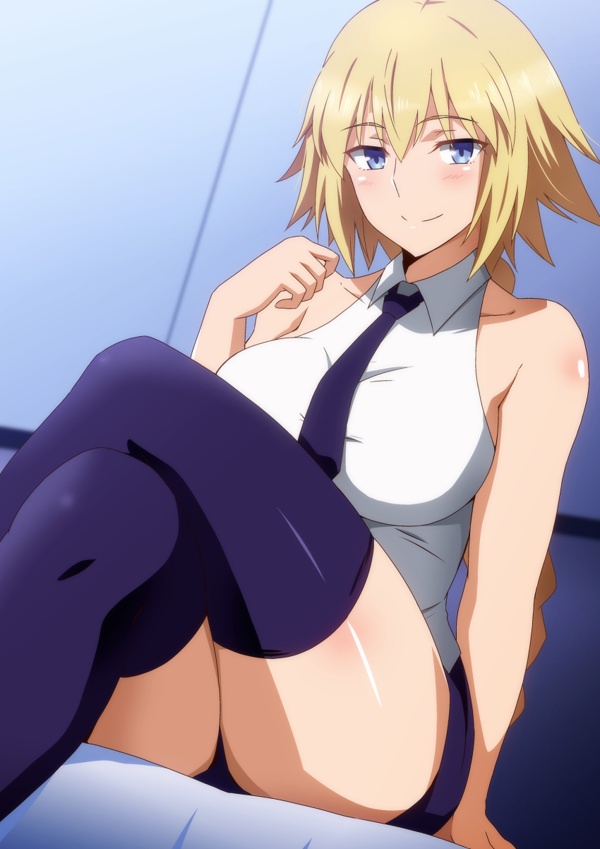 1girl, bangs, bare_shoulders, blonde_hair, blue_eyes, blue_legwear, blue_shorts, blush, braid, breasts, collarbone, collared_shirt, crossed_legs, fate/apocrypha, fate_(series), hara_(harayutaka), highres, jeanne_d'arc_(fate), jeanne_d'arc_(fate)_(all), long_braid, long_hair, looking_at_viewer, necktie, shirt, shorts, single_braid, sitting, sleeveless, sleeveless_shirt, smile, thigh-highs, thighs, very_long_hair, white_shirt