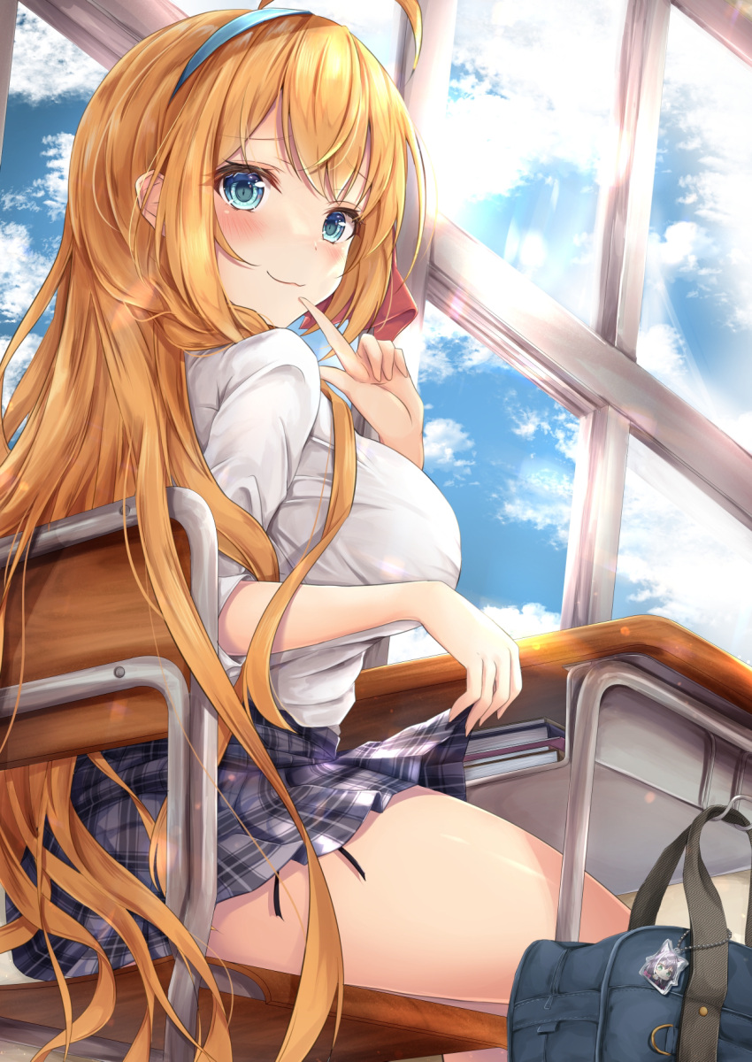1girl, :3, ahoge, alternate_costume, bag, bangs, blue_eyes, blush