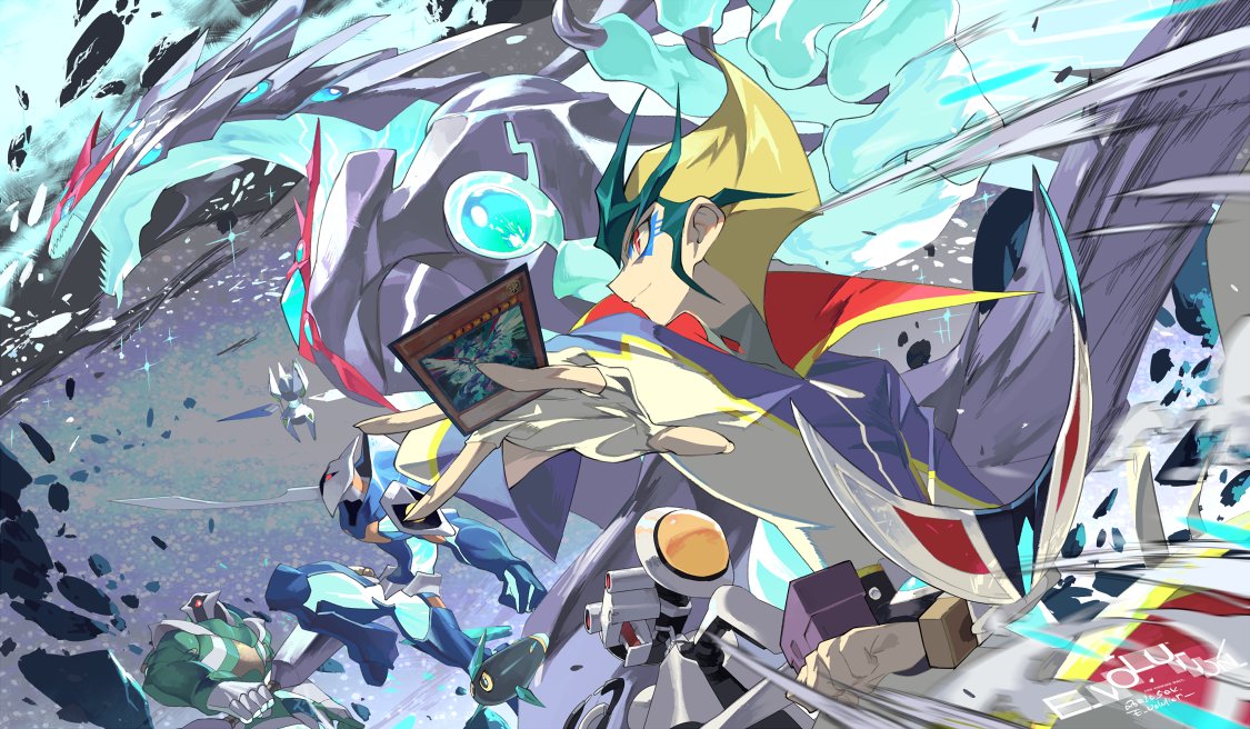 1boy, artist_name, between_fingers, blonde_hair, card, dragon, duel_disk, duel_monster
